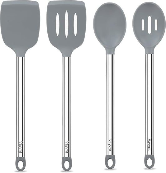 Vayvnt 4PCS Cooking Utensils Set, Food Grade Silicone Kitchen Spatula, Gray | Non Toxic, Up to 480℉ Heat Resistant Silicone, Stainless Steel Handle, Slotted Spoons and Solid Turners, Dishwasher Safe