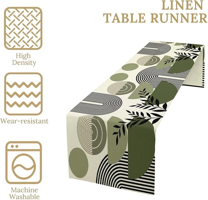 Boho Mid Centruy Table Runner Abstract Sage Green Tropical Leaves Sun Modern Geometric Arch Botanical Dinner Runner for Farmhouse Cabin Home Kitchen Dining Holiday Party Decor 13x36in