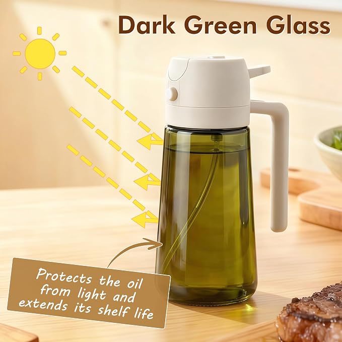 Poshetion 2 in 1 Olive Oil Sprayer for Cooking, 16oz Light-Proof Oil Dispenser for Kitchen, Leak-Proof Oil Spray Bottle for Air Fryer, Salad, BBQ, Baking, Grilling - White
