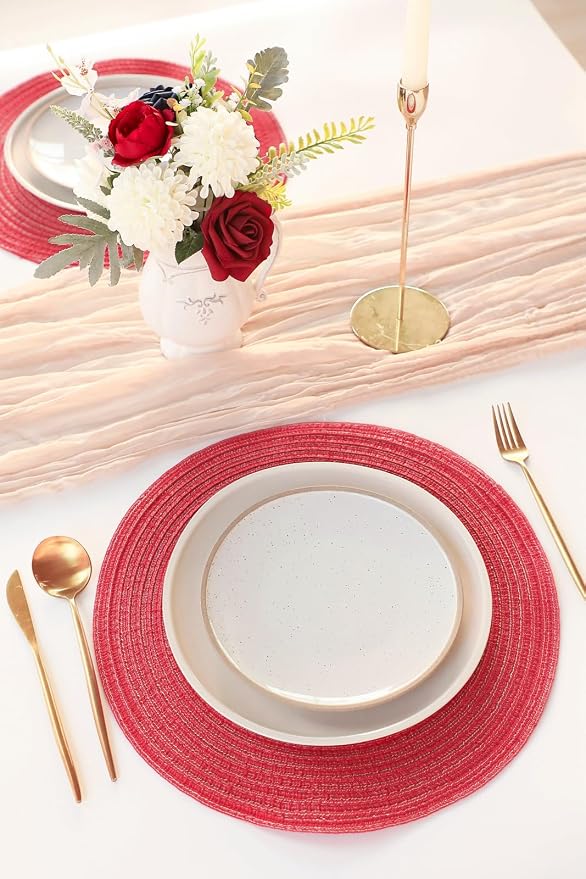 Floroom 15 Inch Round Braided Placemats Set of 4, Washable Heat Resistant Cotton Polyester Circle Place Mats for Kitchen Dining Table - Dark Red