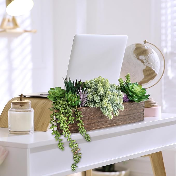 Winlyn 15" Assorted Artificial Succulent Arrangement Assorted Succulents in Rectangular Wooden Planter Faux Potted Plant for Farmhouse Table Centerpiece Windowsill Shelf Desk Mantel Greenery Décor