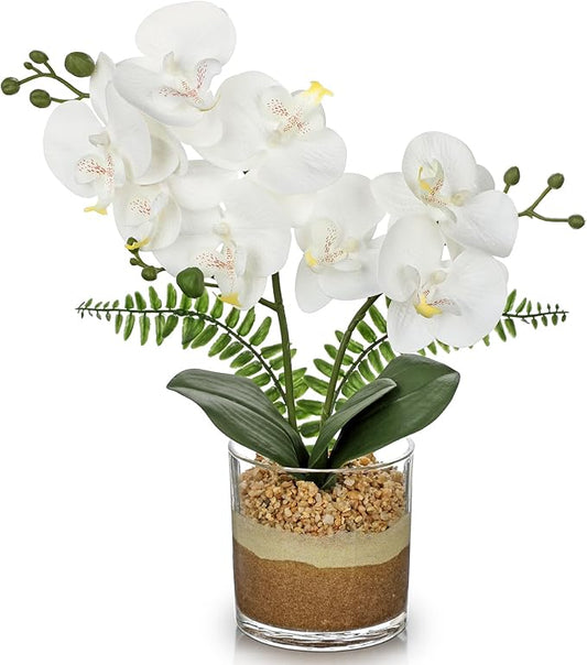 Oairse White Orchids Artificial Flowers with Vase Faux Orchids Plant in Pot | 13.7“ Phalaenopsis Orchid Flower Arrangements White Centerpiece for Kitchen Dining Room Table Bathroom Shelf Desk Decor