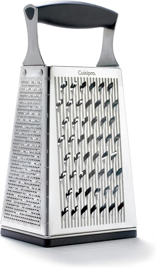 Cuisipro Stainless Steel Cheese Grater with Handle, 4 Sided Box Grater for Kitchen, Ginger Grater Dishwasher Safe, Fruit and Vegetables Slicer, Cheese Shredder for Potato, Chocolate, Parmesan, Ginger
