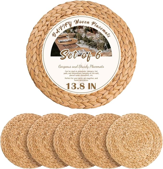 13.8 in Round Boho Placemats Set of 6, Woven Plate Chargers for Dining Table Decor Farmhouse Rustic Rattan Wicker Table Mats Chargers for Dinner Plates Jute Braided Place Mats