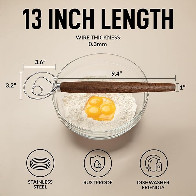 Zulay Kitchen 13 Inch Danish Dough Whisk - Large Wooden Danish Whisk For Dough With Stainless Steel Ring - Traditional Dutch Whisk Baking Tool For Bread, Batter, Cake, Pastry (Ashwood)