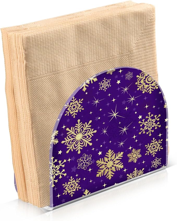 Winter Violet Purple Gold Snowflakes Christmas Napkin Holder for Tables Paper Cocktail Napkin Holders for Kitchen Dinning, Acrylic Dinner Napkin Dispenser for Restaurant Home Decor Bar Accessories