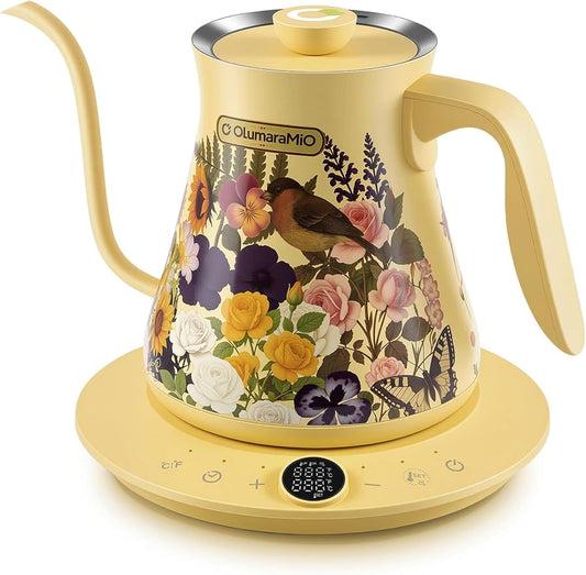 Olumaramio 0.8L/27oz Gooseneck Electric Kettle - ±1℉ Precise Temperature Control for Pour Over Coffee & Tea, 1200W Fast Heating, Auto Shut-Off, Built-in Brew Timer, BPA-Free Stainless Steel, Floral