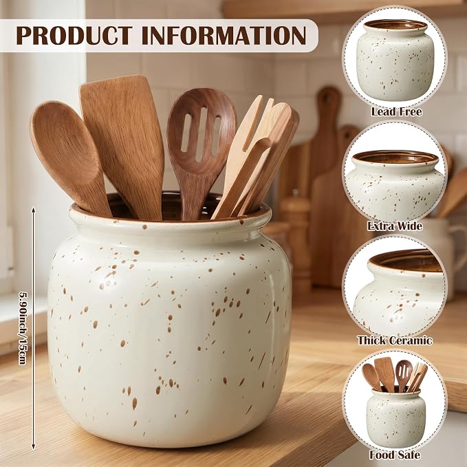 Qinyoung Rustic Kitchen Utensil Holder 6 Inch Small Ceramic Utensil Holder with Handle Vintage Crock Decoration Spatula Organizer for Kitchen Countertop Farmhouse Party Supplies(Natural, No Handle)