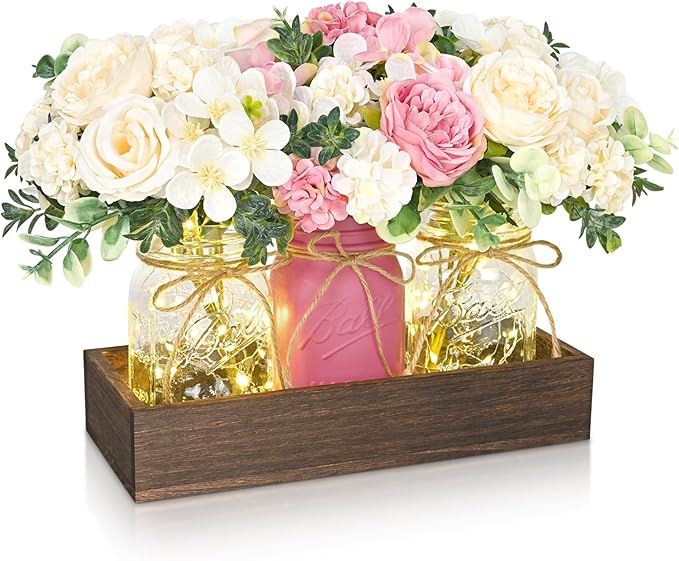 BLEUM CADE Centerpiece Table Decorations - Mason Jar Lights Centerpiece for Kitchen Dining Table Farmhouse Coffee Table Wedding Home Decor with 3 Jars Roses Artificial Flowers & Wood Tray