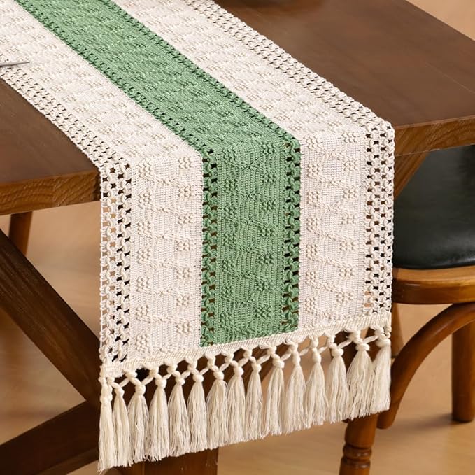 Boho Woven Cotton Linen Table Runner Sage & Ivory 11"x60" with Tassels Rustic Macrame Farmhouse Table Runner Summer Decor for Dining Room Wedding Kitchen Party