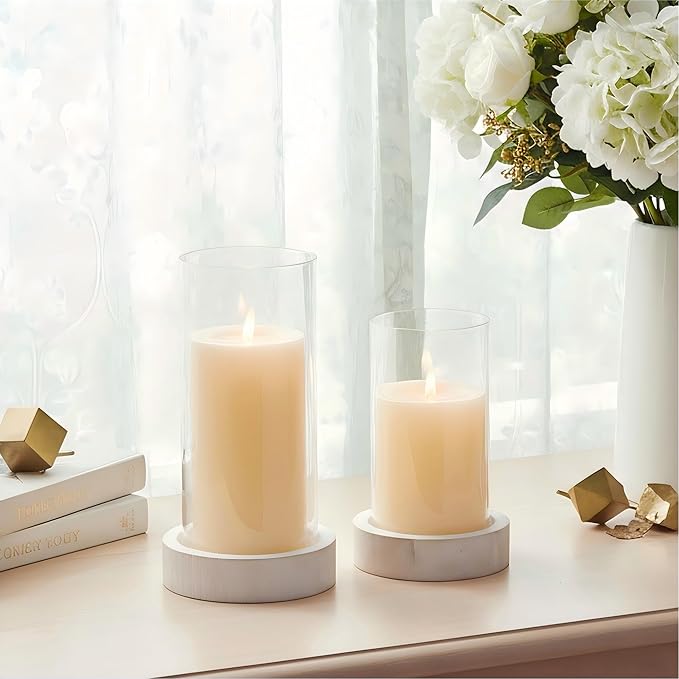 Ronasip Set of 2 Hurricane Candle Holders with Wood Base & Glass Cylinder (4.2x5.9” & 4.6x7.8”) – Rustic Wooden Candle Holders for Home Decor, Weddings, Table Centerpieces (2, White)