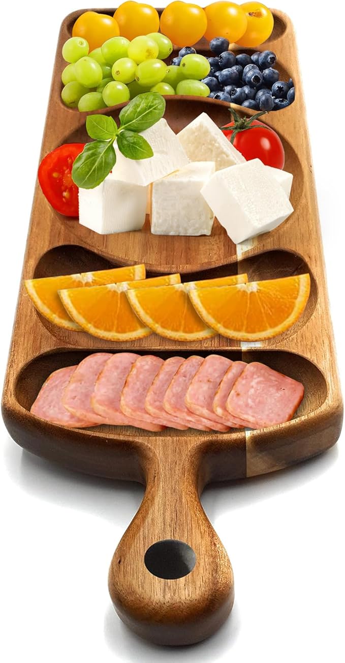 Reversible Acacia Wood Serving Platter with Handle – Premium Wooden Tray for Charcuterie, Crackers, Cheese, Fruit, Veggies, Appetizers & Snacks – Party Serving Tray & Travel Charcuterie Board