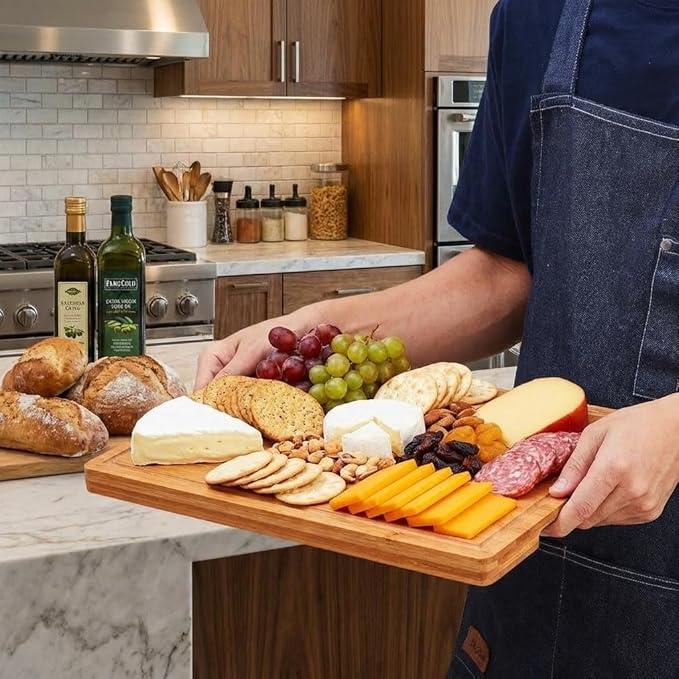 Bamboo Cutting Board for Kitchen, 16x11 in, 1-in Thick Wood Chopping Board with Deep Juice Groove for Meat Fruit Vegetable, Knives-Friendly & Easy to Clean, Natural