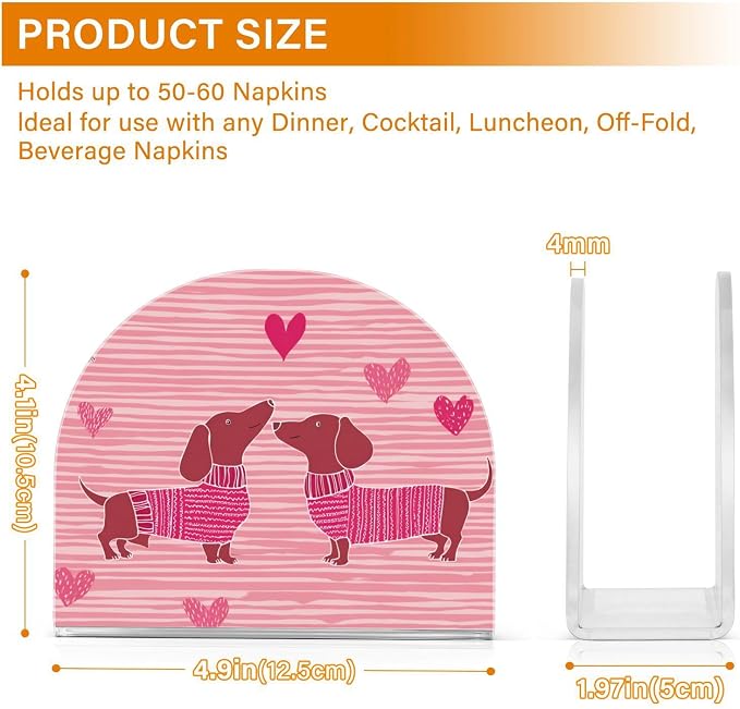 Napkin Holder Acrylic Napkin Holder for Table Kitchen Party Restaurant U Shaped Upright Napkin Dispenser Organizer Pink Striped Dachshunds and Hearts