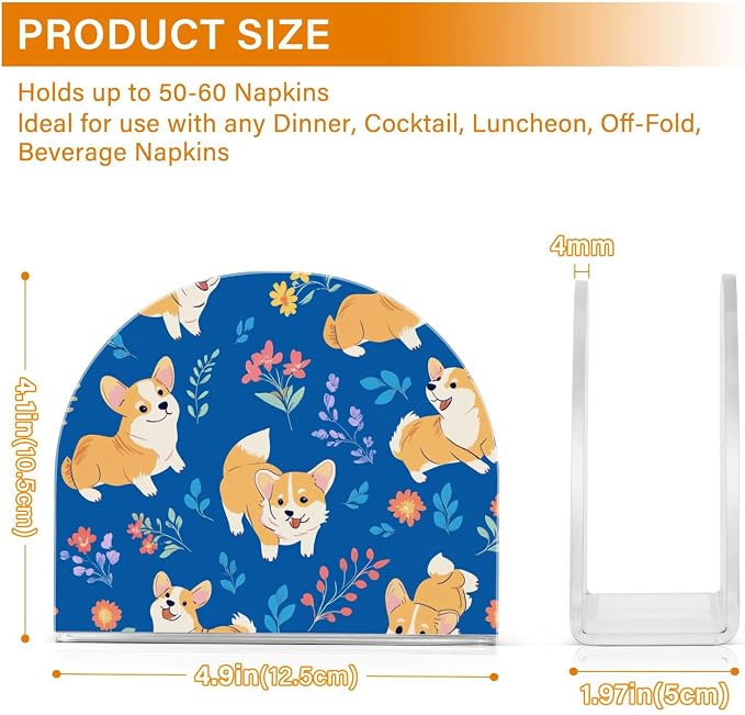Cute Corgis Dog with Floral on Cobalt Blue Background Napkin Holder for Table Acrylic Cocktail Napkin Holders Small Decorative Napkin Dispenser for Home Party Holiday Dining Kitchen Accessor, 2 Pack