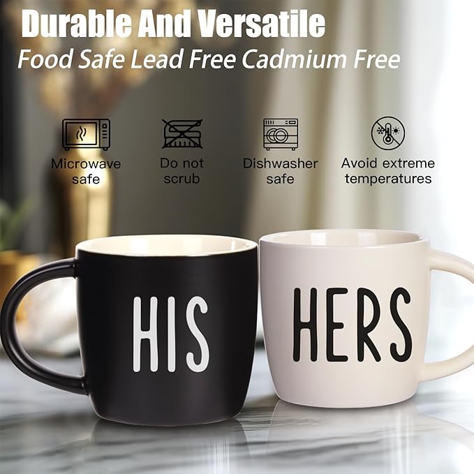 His And Hers Mugs Set Of 2 Coffee Mug 12 Ounce, Cute Matching Coffee Mug Couples for Anniversary, Wedding， His and Her Gifts