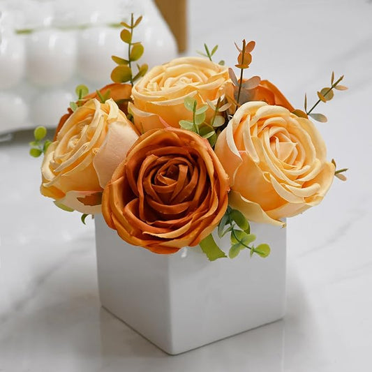 Fall Artificial Orange Silk Fake Rose with Ceramic Vase Autumn Table Decor | White Ceramic Vase Floral Arrangement, Autumn Decor for Office Kitchen Shelf Bathroom Shelf FarmhouseThanksgiving Halloween