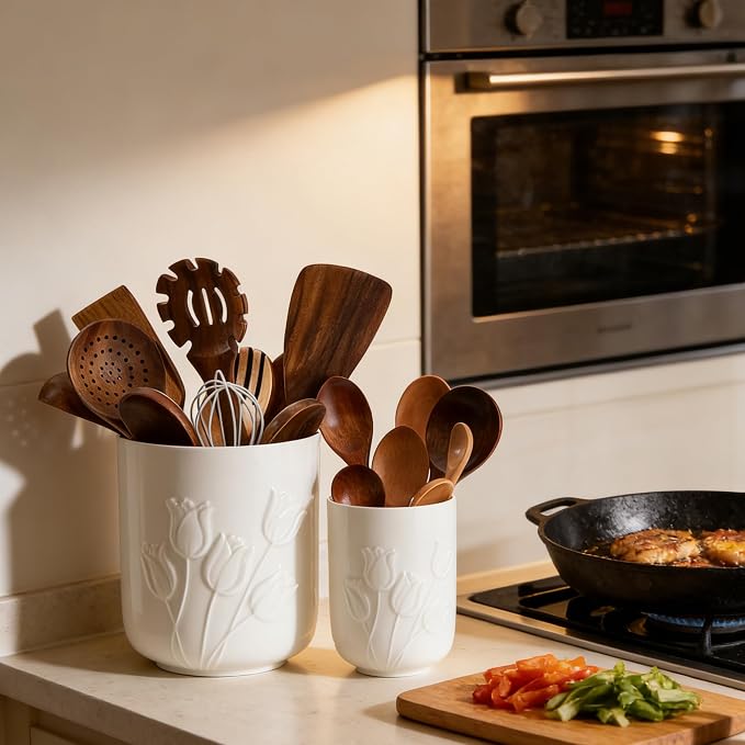 Tulips White Ceramic Utensil Holder Set, Large Kitchen Utensil Crocks – Modern Countertop Organizer for Cooking Utensils, Spatula, Spoons | Practical Kitchen Counter Decor