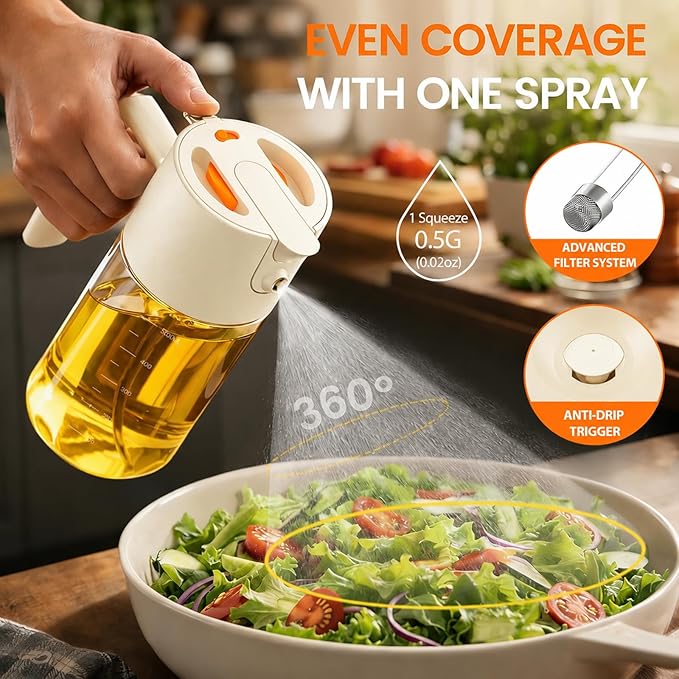 Costop Oil Sprayer for Cooking, 2025 Large Advanced Olive Oil Dispenser Bottle,500ml/17oz Glass Olive Oil Sprayer,2 in 1 Even Spray with Portion Control for Kitchen, Air Fryer, Salad, BBQ - White