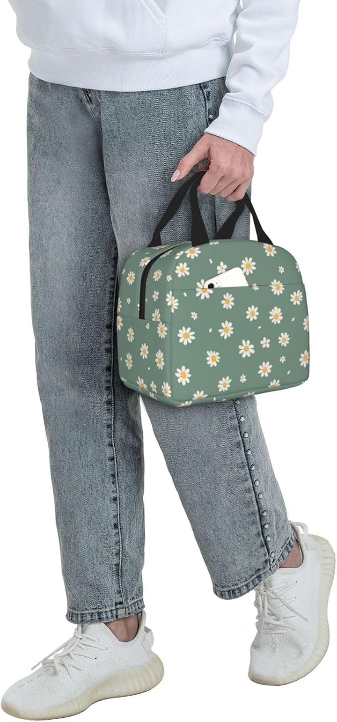 Lunch Bag Daisy Flower Green Insulated Lunch Box Reusable Cooler Tote for Adults Student Girl Boy Work Office School Picnic Over 3 Years Old