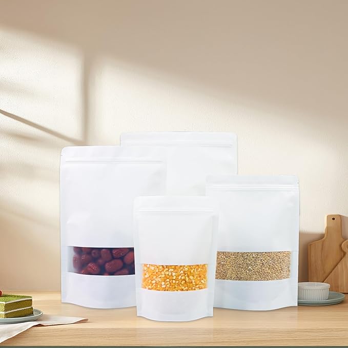 80PCS 5.5"X8" Kraft Paper Bags with Window,Resealable White Small Stand Up Pouches for Food Storage,Reusable Zipper Lock Packaging Bags for Small Business&Personal,Cookie,Snacks,Tea,Coffee