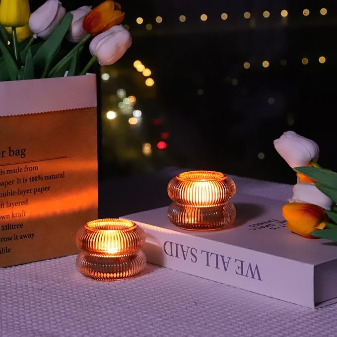 Woho Ribbed Amber Votive Candle Holders Set of 12 for Wedding Table, Vintage Glass Tealight Candle Holder for Fall Decor, Boho Tea Lights Candle Holder for Thanksgiving (Brown, 2.1" H X 2.75" D)