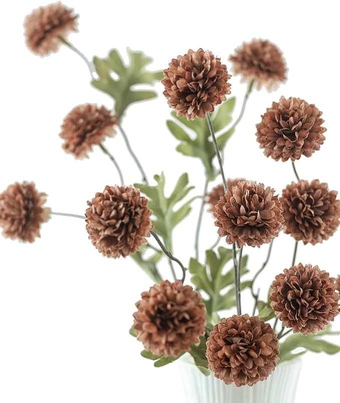 DuHouse 6pcs Artificial Flowers Faux Silk Pompon Mum,Silk Small Mini Chrysanthemum Ball with Stems for DIY Bouquets Centerpieces Vase Home Table Kitchen Decorations(Mocha Brown)