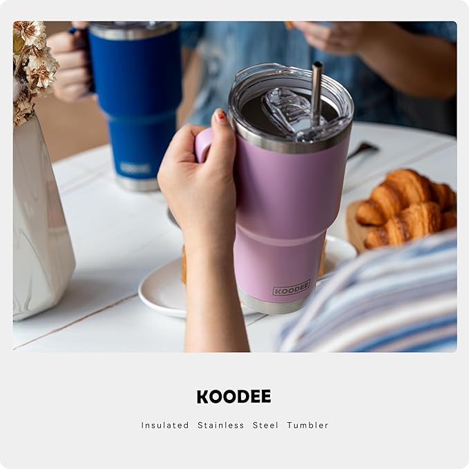 koodee Tumbler with Handle, 30 oz Stainless Steel Double Wall Insulated Tumblers with Lid and Straw Coffee Tumbler for Men and Women (Baby Pink)
