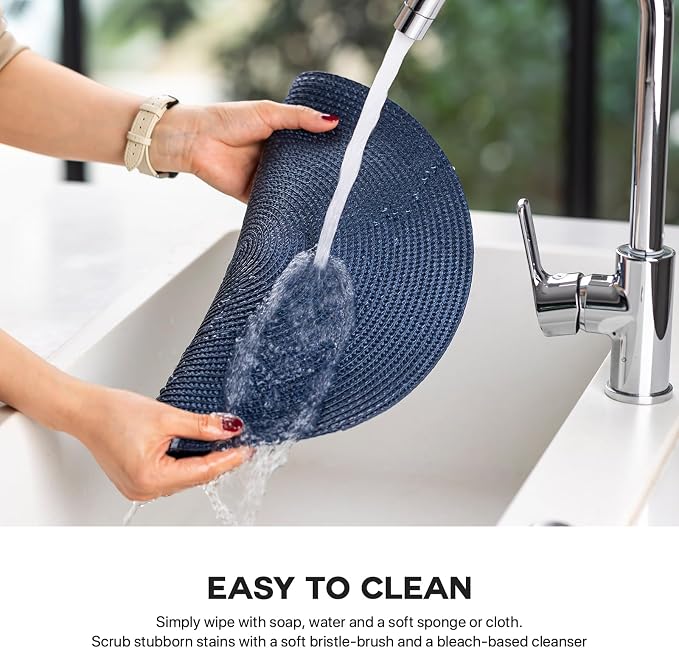 Baroyal Round Placemats Set of 12 Plastic Woven Placemats Washable Wipeable Table Mats for Dining Table Heat Resistant Non-Slip Circle Place Mats (Navy Blue)