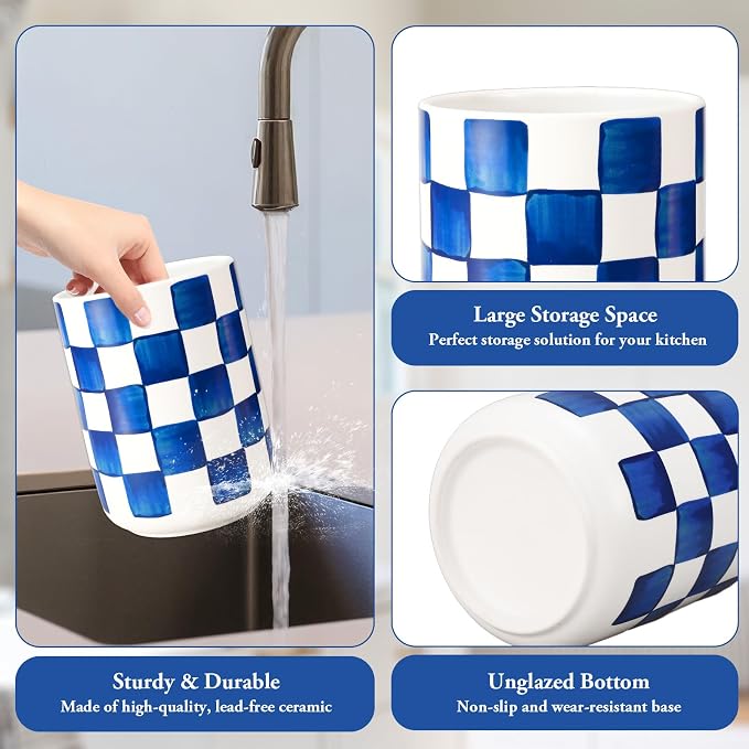 JarThenaAMCS Kitchen Utensil Holder 6.3 Inch Checkered Ceramic Cooking Utensil Holder Modern Watercolor Blue White Plaid Utensil Crock for Home Kitchen Countertop Storage Organizer Container