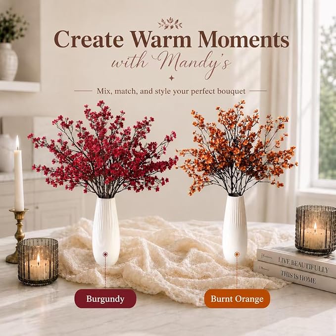 Mandy's Burgundy Artificial Baby’s Breath Flowers 6 Bundles Silk Gypsophila, 18.5 Inch European Style Modern Home Decor Centerpiece, Neutral Wedding Flower Arrangements