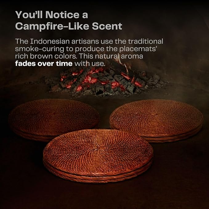 6-Pack Rattan Placemats - 13-inch Round Placemats (Smoky Brown) - Smoked-Cured Woven Place Mats, Round Table Mats - Wicker Chargers for Dinner Plates, Plate Chargers Boho - Kitchen Table Decor