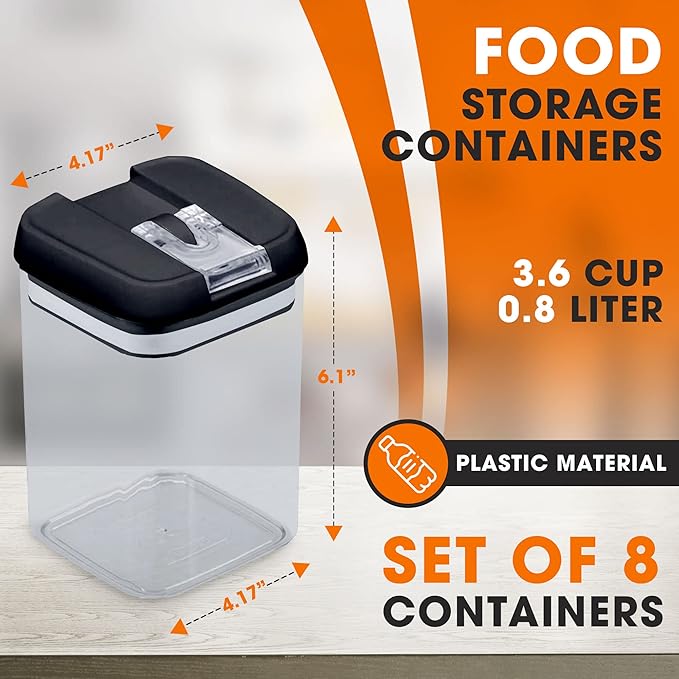 Set of 8 Airtight Food Storage Containers - Pantry Organizer Bins, BPA Free Plastic Containers plus Dry Erase Marker and Labels, Black