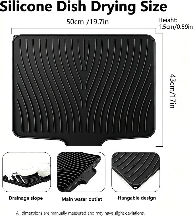 Silicone Dish Drying Mat,Dish Drying Pad,Kitchen Accessories,with Built-In and Non-Slip Drain,Easy Clean, Fit for Kitchen, Bar, RV, Refrigerator and Drawer Liner, 19.7 * 17 in Black 1PCS by EBIGIC