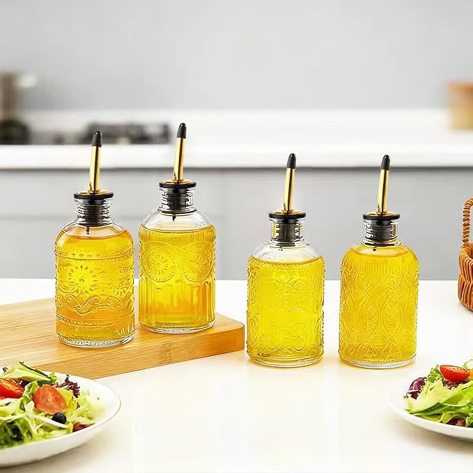 4 Pcs Olive Oil Dispenser Bottle for Kitchen with Metal Spout, 8.5oz Clear Glass Oil and Vinegar Dispenser Set, Elegant Cooking Dispenser for Kitchen Juice Coffee Syrup Honey Syrup (Small Round)