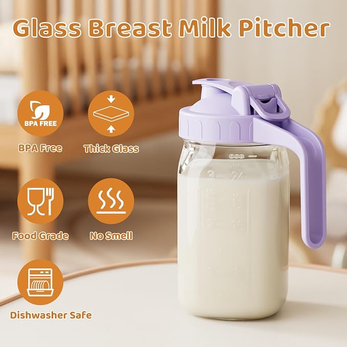 Breast Milk Pitcher, Mason Jar 32 oz, Heavy Duty Wide Mouth Jar with Purple Flip Cap Lid and Pour Spout, Formula Pitcher Airtight Seal for Freshness and Convenience, Great for Cold Beverages