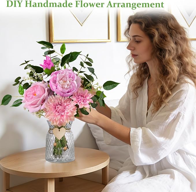 Livole Fake Flowers with Vase, Pink Real Touch Silk Artificial Flowers in Vase, Fake Plant Eucalyptus Flower Arrangement for Table Centerpieces, Table Decorations for Living Room, Coffee Table, Home