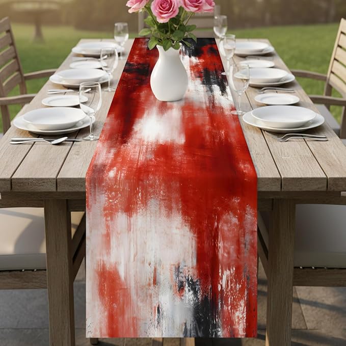 Retro Black Red Table Runners 70 Inches Long, Cotton Linen Fabric Table Runner Dresser Scarf, Abstract Bohemia Minimalist Aesthetic Art Tablerunner for Party/Kitchen/Dinner/Wedding Decor 13"x70"