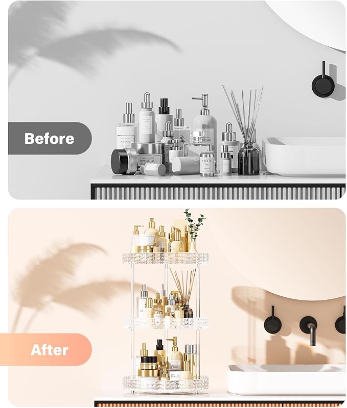 3Tier Diamond Lazy Susan Bathroom Countertop Organizer, 360° Clear Rotating Makeup Cosmetic Perfume Storage Tray, Spinning Vanity Organizer Shelf for Bathroom Cabinet, Dresser, Kitchen(Large)