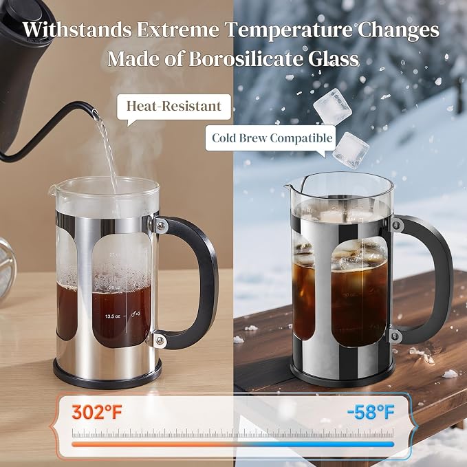 Veken French Press Coffee Maker,No Plastic Touching Cafe,34oz 1L Cafetera,Heat Resistant Thickened Borosilicate Glass Stainless Steel Brewer,Pot for Kitchen,Travel,Camping,Tea,Gifts,Silver (Pack of 2)