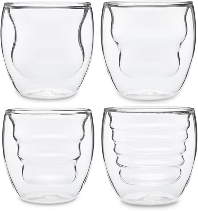 Curva Artisan Series Double Wall Beverage Glasses and Tumblers – Set of 4 Unique 8 oz Thermo Insulated Drinking Glasses