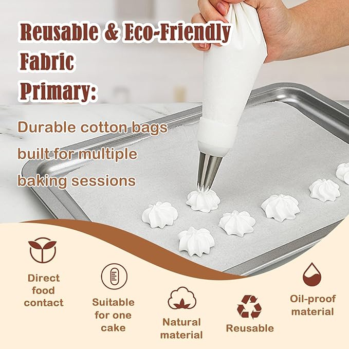14-Piece Reusable Piping Bags and Tips Set- Cotton Baking Kit with Coupler, Stainless Steel Nozzles,Silicone Cable Ties& Cleaner for Cakes/Cupcakes/Cookies Decorating