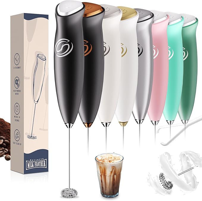 Milk Frother Handheld Frother Wand Drink Mixer Handheld Coffee Stirrers Electric Frother for Coffee Mixer Wand with 2 Whisk frother for protein powder coffee frother handheld -Black