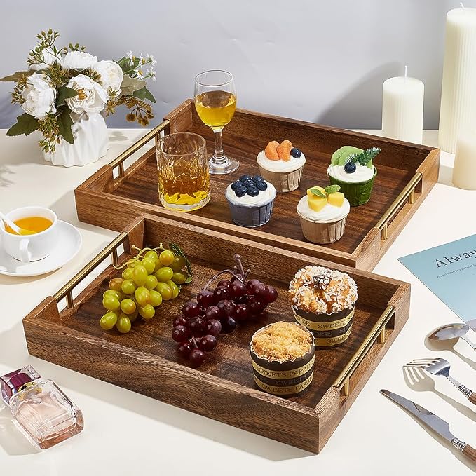 2pcs Wooden Serving Trays for Party with Metal Handles Rectangle Ottoman & Decorative Tray for Coffee Table Jewelry Tea Food Breakfast Eating Tray for Rustic Home & Kitchen Decor