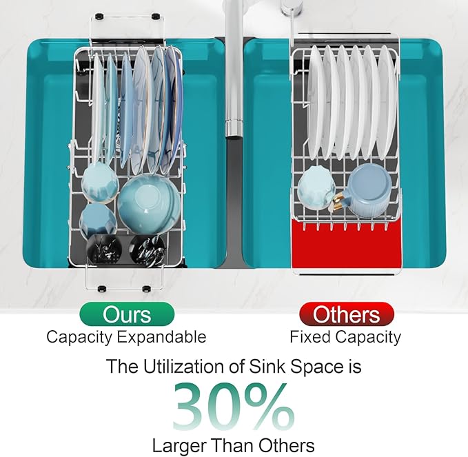 GSlife Small Sink Dish Drying Rack with Cup Holder - Expandable Stainless Steel Compact Dish Drainer for RV, Camper, Kitchen, Dish Strainer with Locking Knob, Fit Sink 11.9"-16.7" L, Silver
