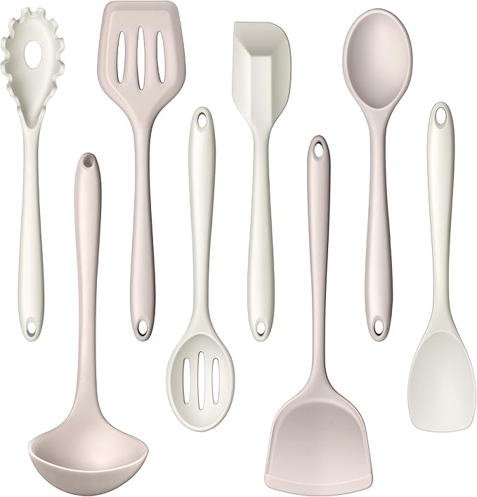 LIANYU 8Pcs Kitchen Utensils Set, Silicone Cooking Utensils Spatula Set for Nonstick Cookware, Include Silicone Spatula, Ladle, Turner, Spoon, Heat Resistant, Dishwasher Safe, Khaki White