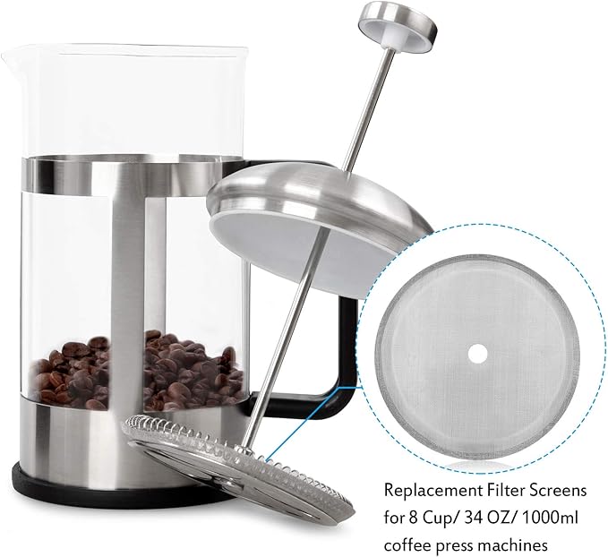 Boao 18 Packs French Press Replacement Cafetiere Filter Mesh Screen Coffee French Press Filters, 4 Inch Stainless Steel Reusable, for 8 Cup/ 34 OZ/ 1000 ml Coffee Tea Makers