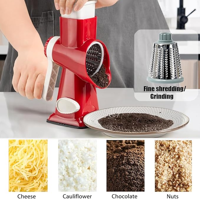 Rotary Cheese Grater Shredder with Handle Handheld Round Mandoline Vegetable Slicer Carrot Shredder Nut Grinder with 3 Replaceable Stainless Steel Drum Blades and Upgrade Strong Suction, Red/White