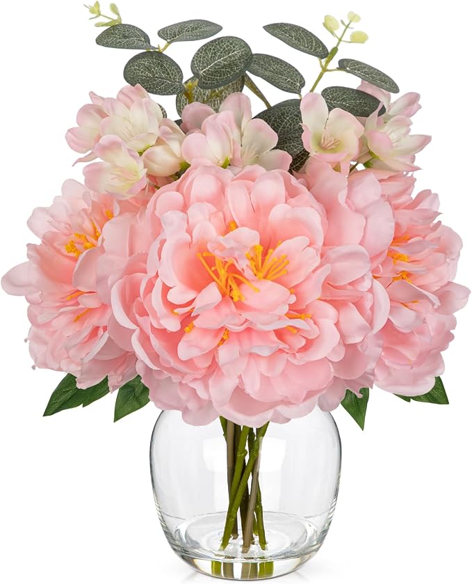 Hollyone Pink Peonies Artificial Flowers Peony Fake Flowers in Vase Silk Flower Arrangements with Glass Vase with Faux Water for Home Decor Bathroom Coffee Table Centerpiece Shelf Decorations