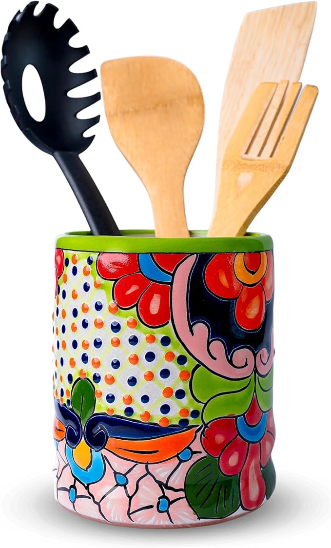 Talavera Utensil Holder – Hand Painted Ceramic Spoon Crock – Colorful Utensil Crock – Large Mexican Spoon Rest – 6" H (Green)